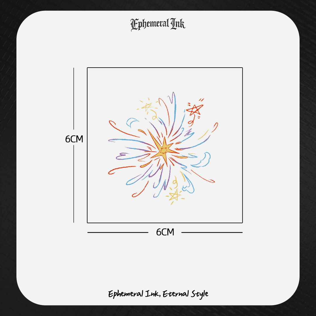 Tatouages temporaires mignons en forme d'étoiles de feux d'artifice dessinées à la main, autocollants de tatouage colorés et imperméables (2 feuilles par set)