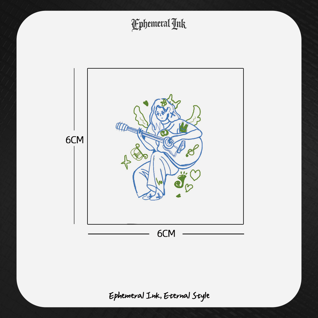 Tatouages ​​temporaires de fille à la guitare en ligne art minimaliste, autocollants de tatouage étanches pour les amateurs de musique (2 feuilles par ensemble)
