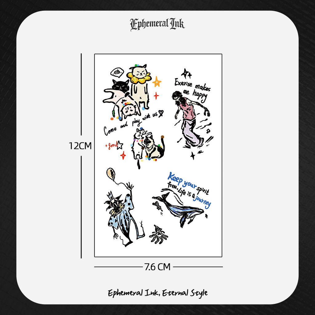 Hand Drawn Whale & Cat Temporary Tattoos (2pcs/set)