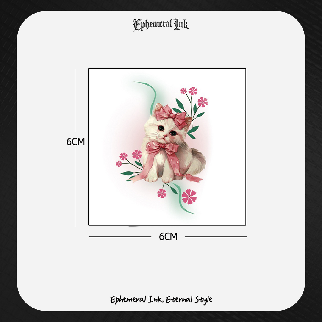 Tatouages ​​temporaires Adorables Chaton Aquarelle, Autocollants Étanche Fleur Nœud Rose (2 feuilles par paquet)