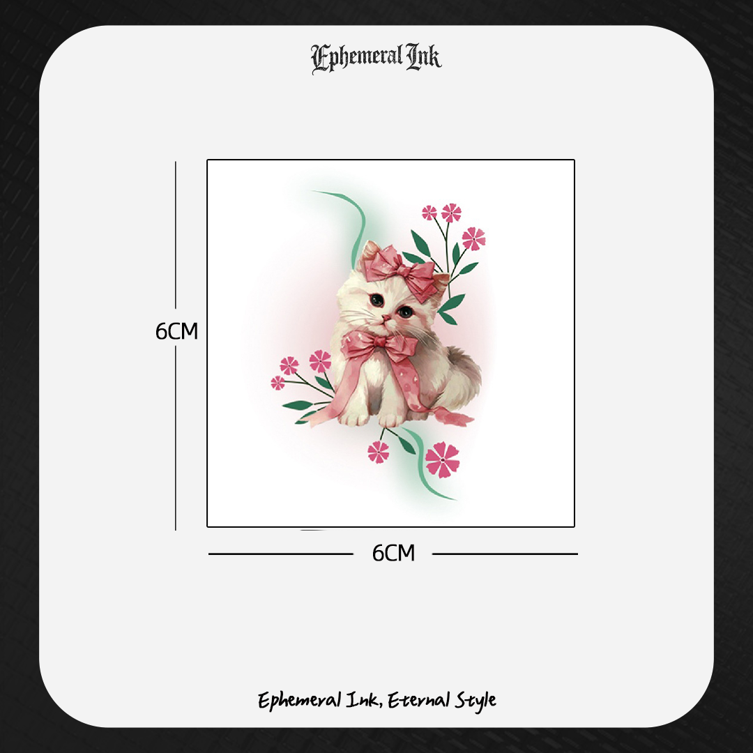 Tatouages ​​temporaires Adorables Chaton Aquarelle, Autocollants Étanche Fleur Nœud Rose (2 feuilles par paquet)