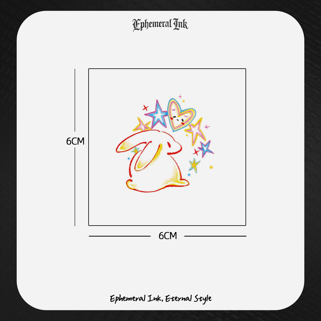 Tatouages temporaires mignons de lapins Y2K, autocollants de tatouage imperméables en forme d'étoiles et de cœurs colorés (2 feuilles par lot)