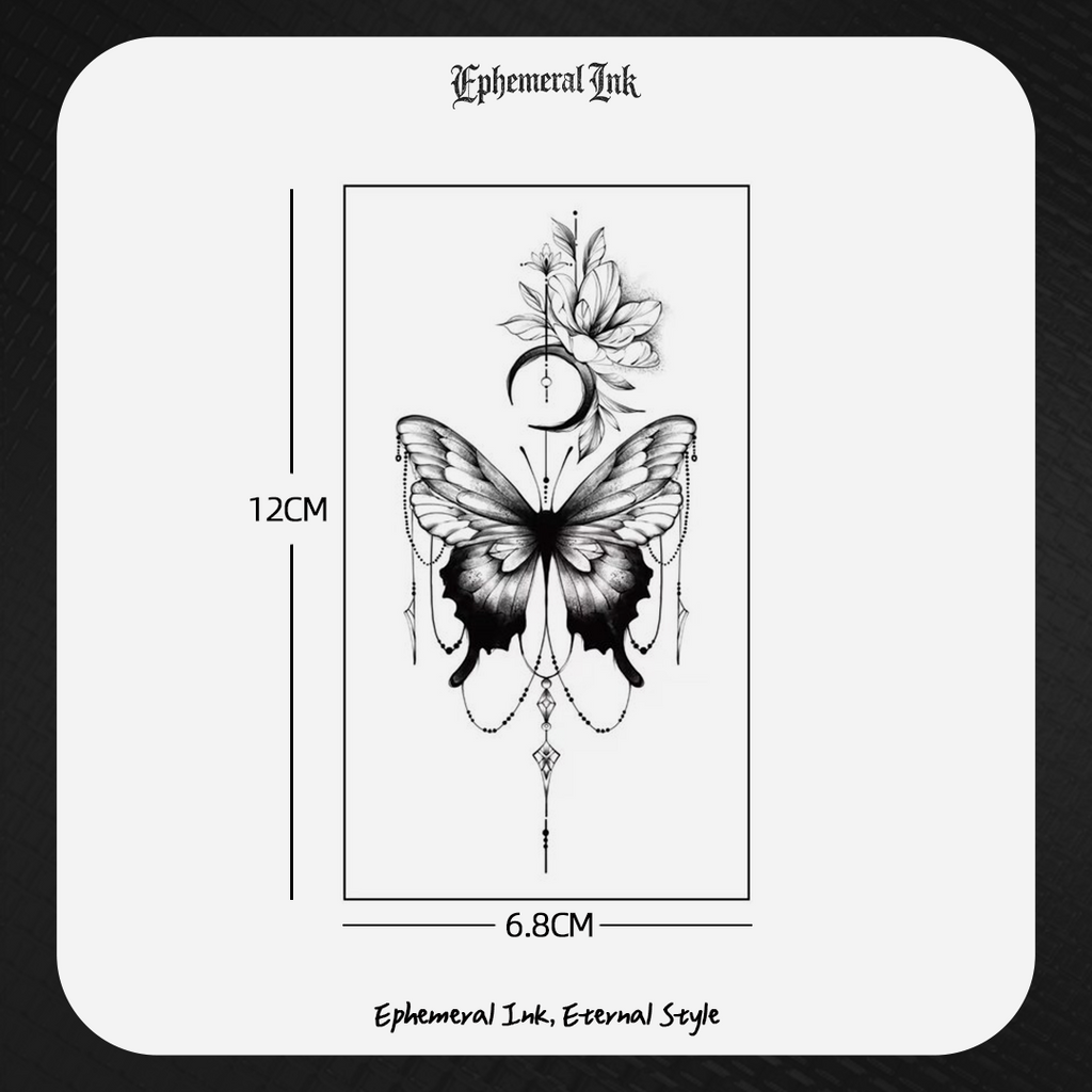 Celestial Butterfly Temporary Tattoo, Black Moon Flower Butterfly Tattoo Sticker (2 sheets per set)