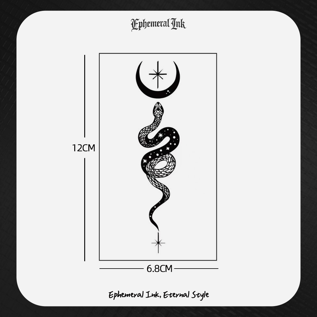Celestial Snake Temporary Tattoo, Black Moon Star Snake Tattoo Sticker (2 sheets per set)