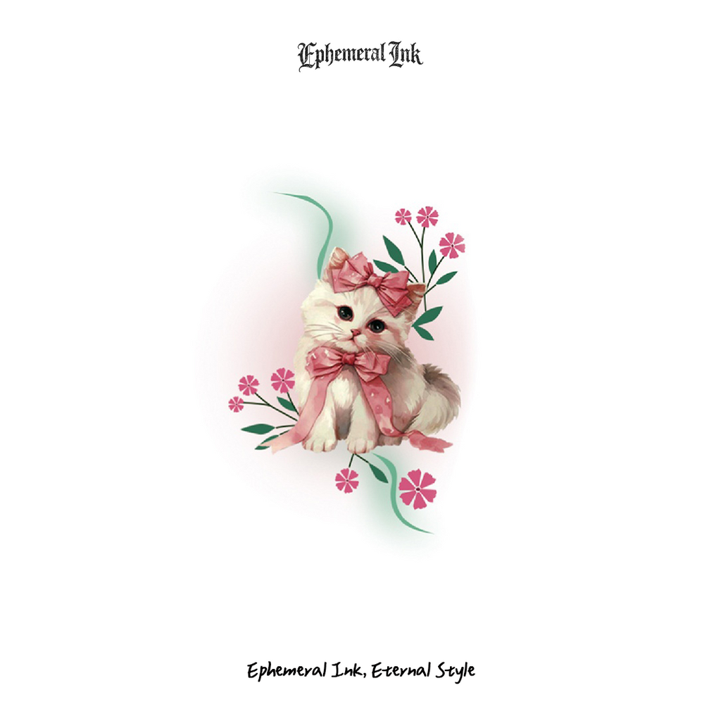 Tatouages ​​temporaires Adorables Chaton Aquarelle, Autocollants Étanche Fleur Nœud Rose (2 feuilles par paquet)