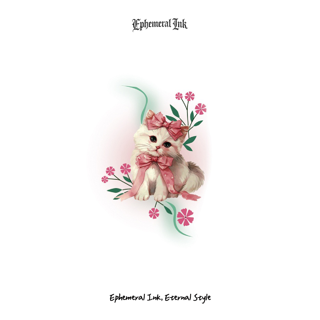 Tatouages ​​temporaires Adorables Chaton Aquarelle, Autocollants Étanche Fleur Nœud Rose (2 feuilles par paquet)