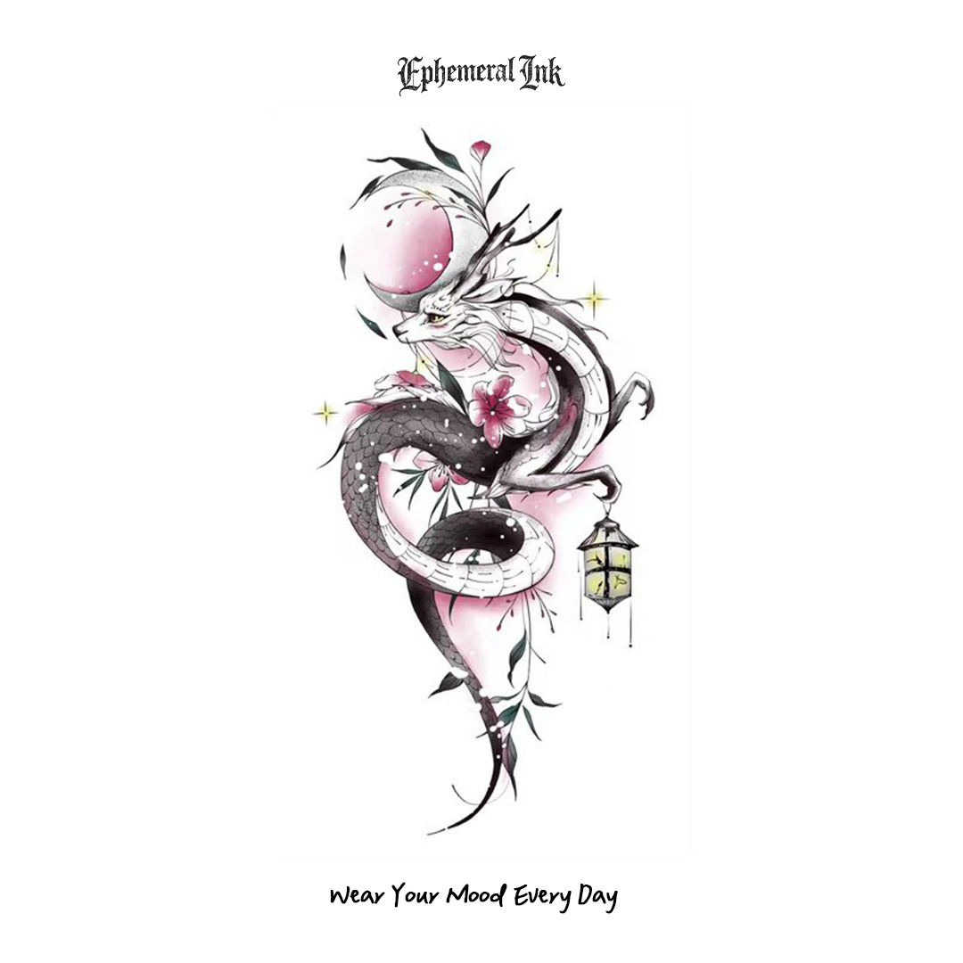 Japanese Dragon Fox Temporary Tattoo, Pink Moon Cherry Blossom Dragon Tattoo Sticker (2 sheets per set)