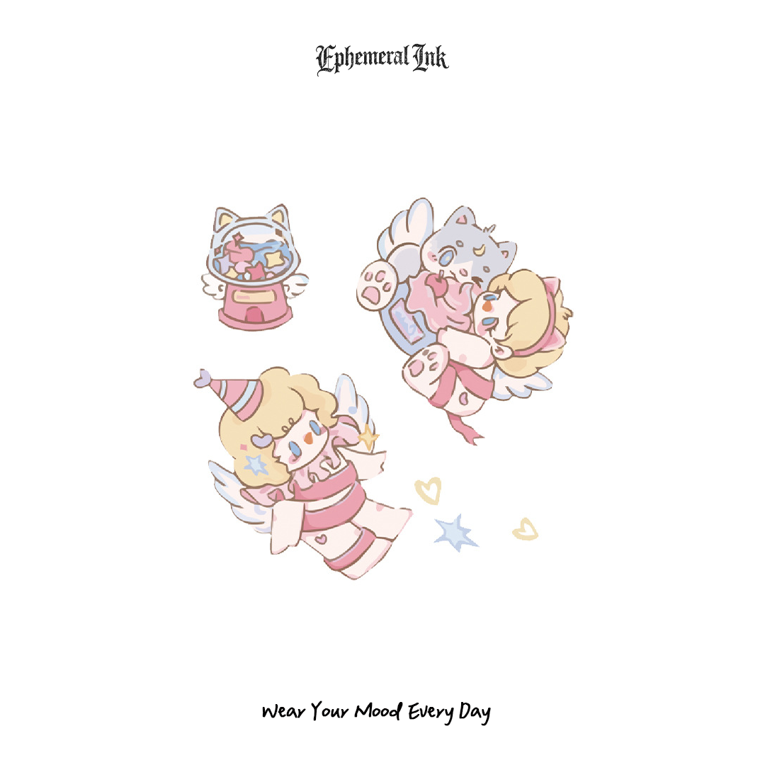 Tatouages temporaires mignons de chat ange Kawaii, autocollants de tatouage étanches de dessin animé rose doux (2 feuilles par ensemble)