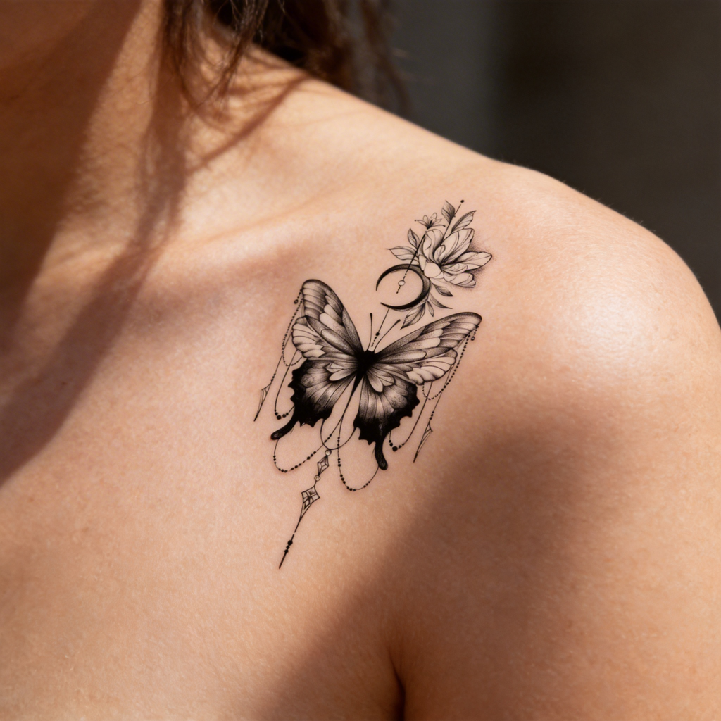 Celestial Butterfly Temporary Tattoo, Black Moon Flower Butterfly Tattoo Sticker (2 sheets per set)