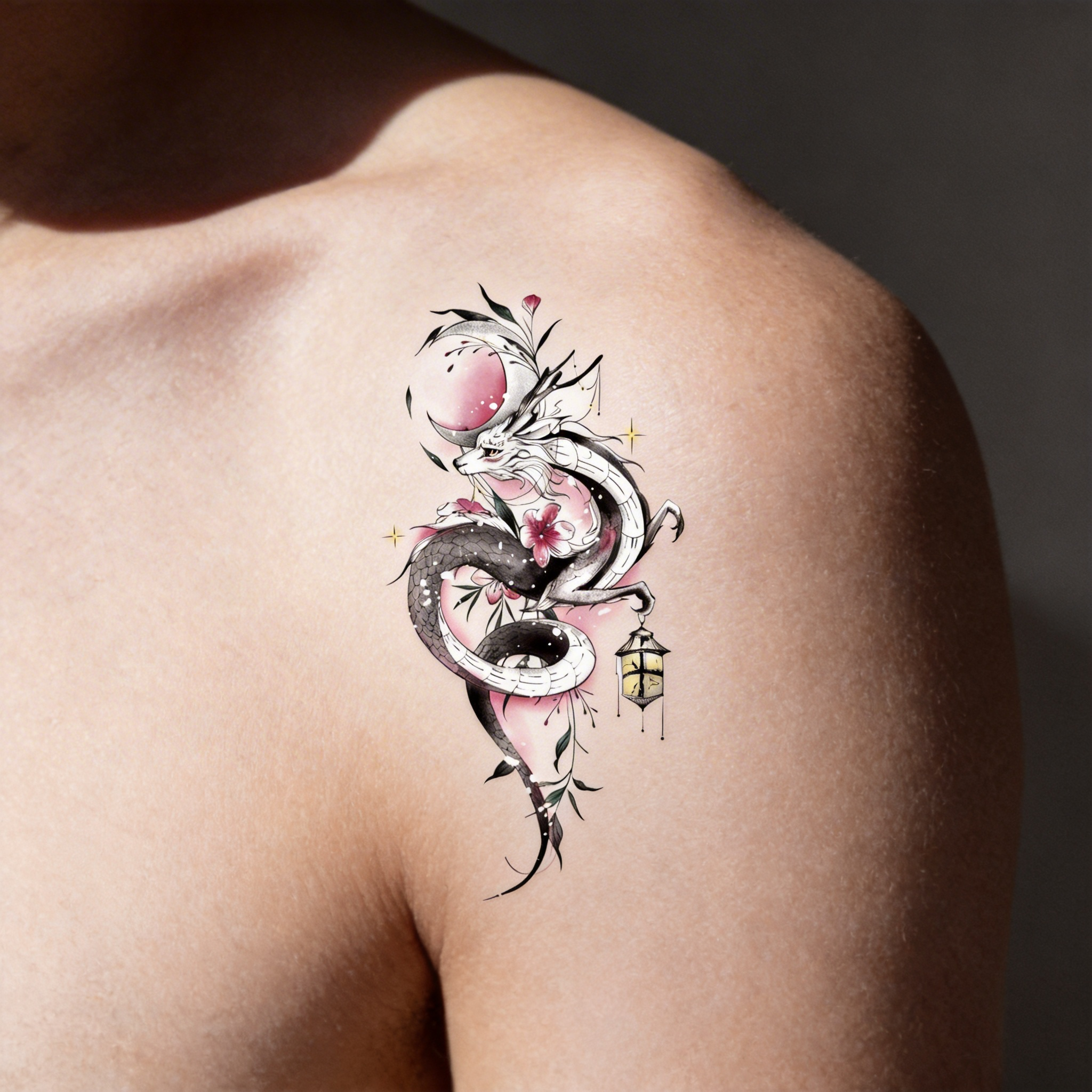 Japanese Dragon Fox Temporary Tattoo, Pink Moon Cherry Blossom Dragon Tattoo Sticker (2 sheets per set)