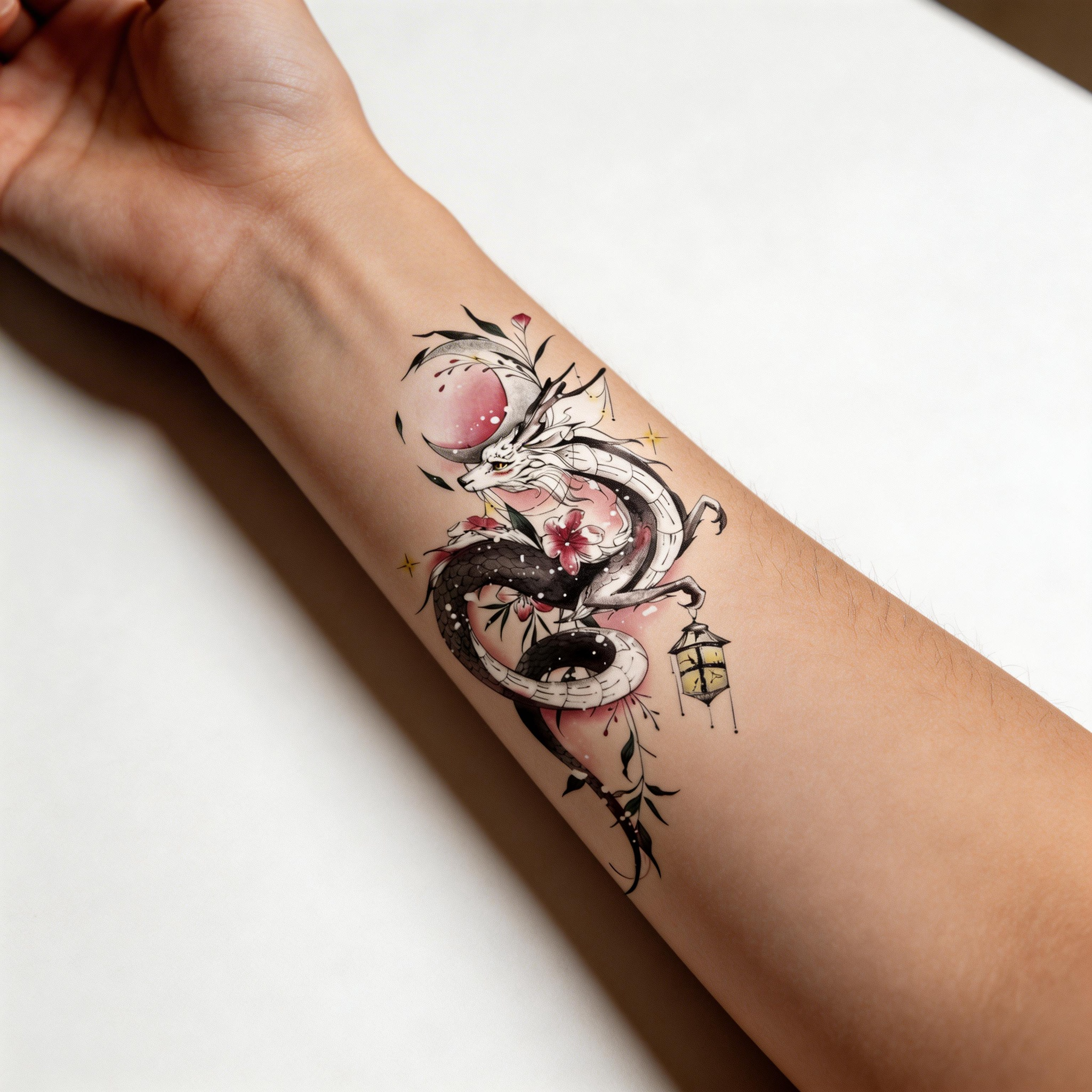 Japanese Dragon Fox Temporary Tattoo, Pink Moon Cherry Blossom Dragon Tattoo Sticker (2 sheets per set)