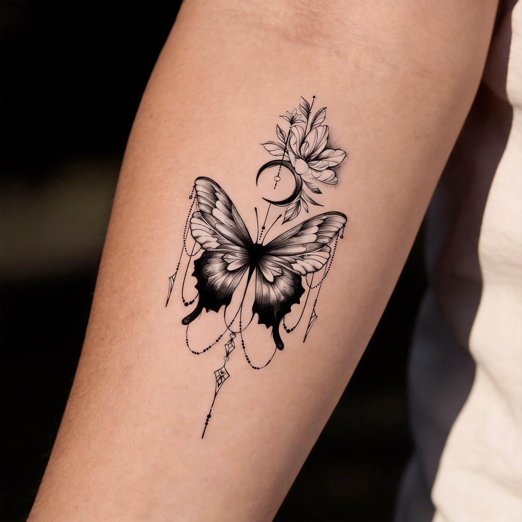 Celestial Butterfly Temporary Tattoo, Black Moon Flower Butterfly Tattoo Sticker (2 sheets per set)