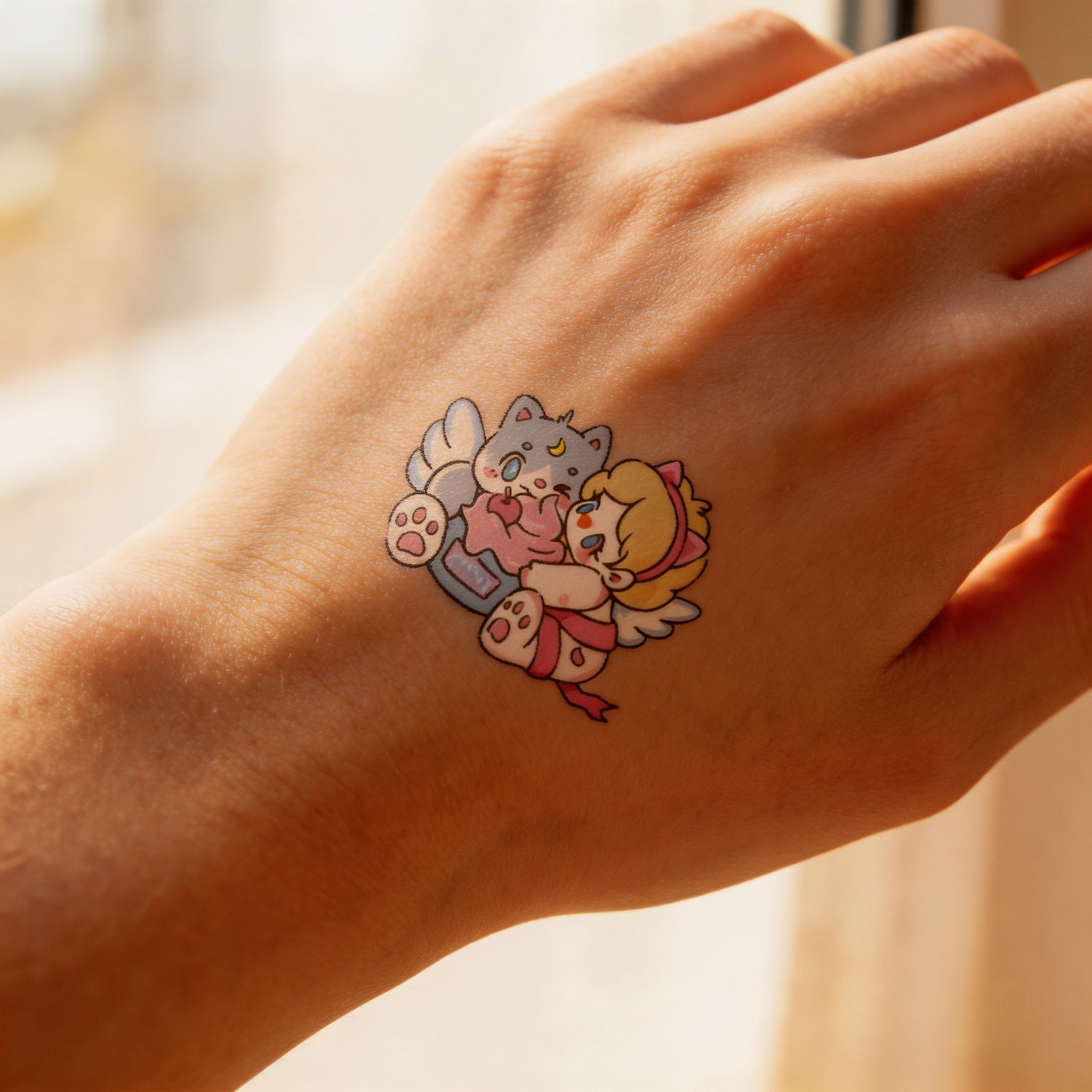 Tatouages temporaires mignons de chat ange Kawaii, autocollants de tatouage étanches de dessin animé rose doux (2 feuilles par ensemble)