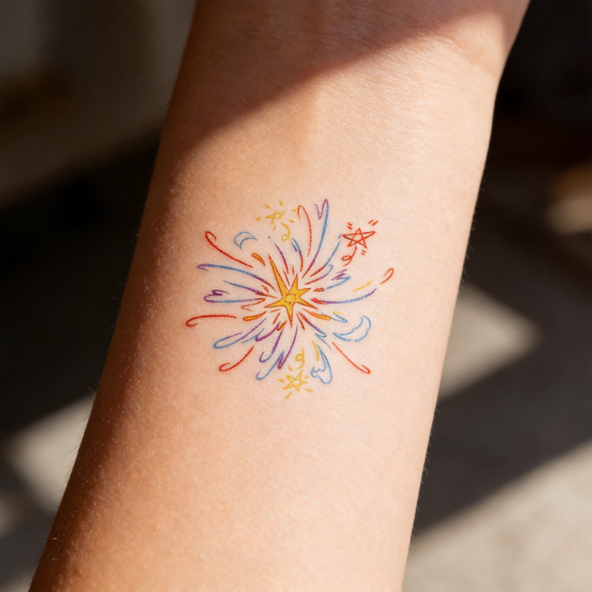 Tatouages temporaires mignons en forme d'étoiles de feux d'artifice dessinées à la main, autocollants de tatouage colorés et imperméables (2 feuilles par set)