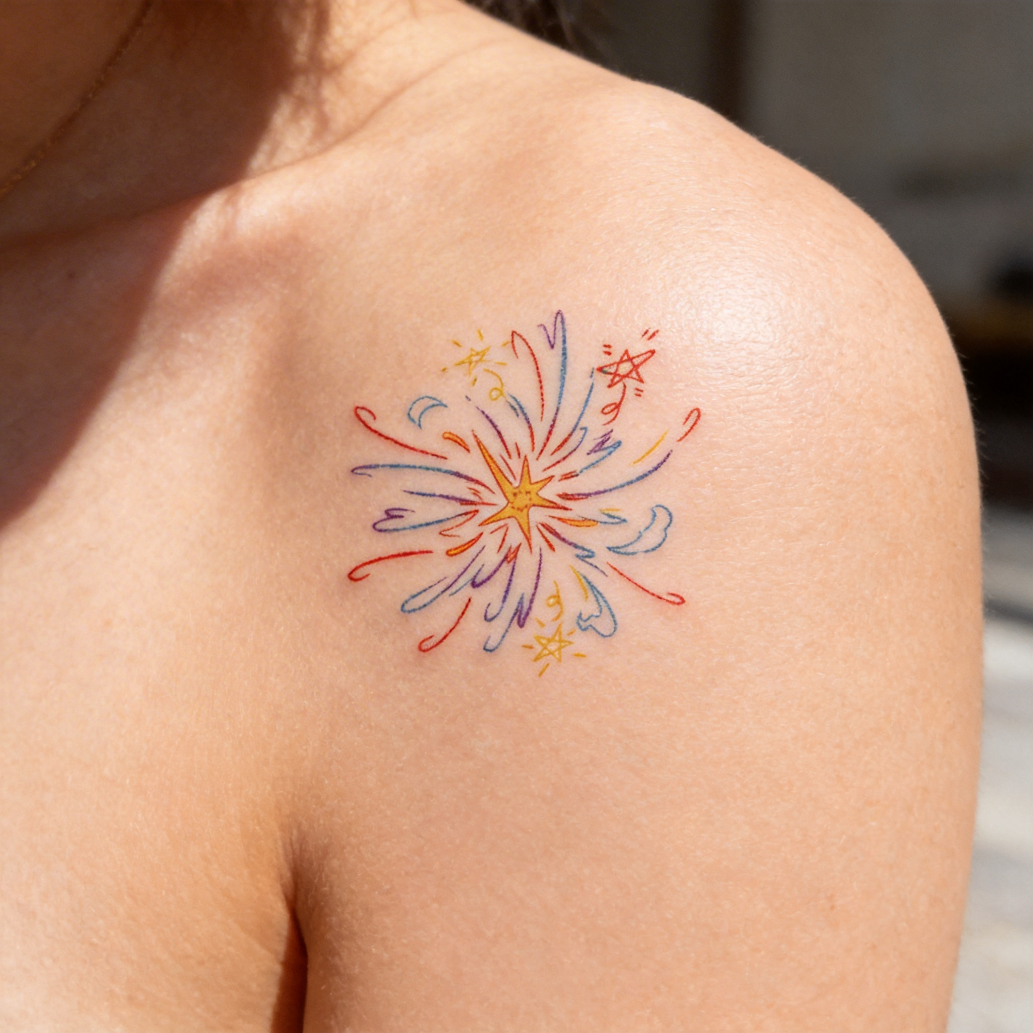 Tatouages temporaires mignons en forme d'étoiles de feux d'artifice dessinées à la main, autocollants de tatouage colorés et imperméables (2 feuilles par set)