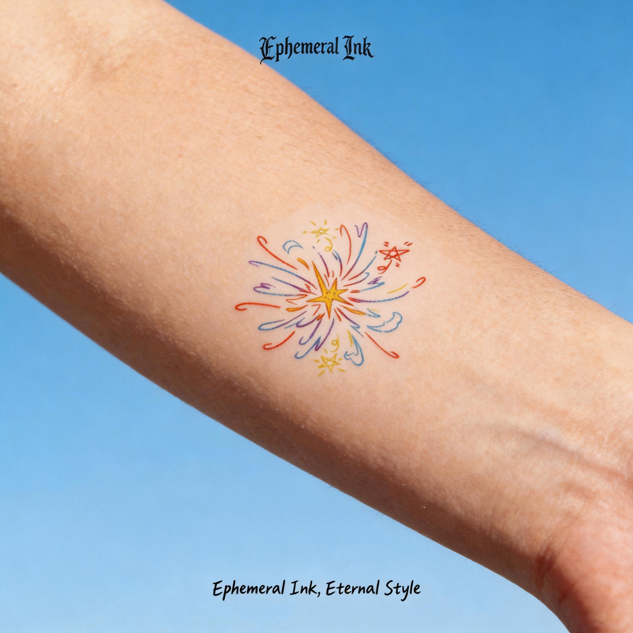 Tatouages temporaires mignons en forme d'étoiles de feux d'artifice dessinées à la main, autocollants de tatouage colorés et imperméables (2 feuilles par set)