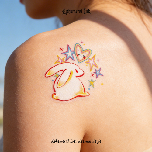 Tatouages temporaires mignons de lapins Y2K, autocollants de tatouage imperméables en forme d'étoiles et de cœurs colorés (2 feuilles par lot)