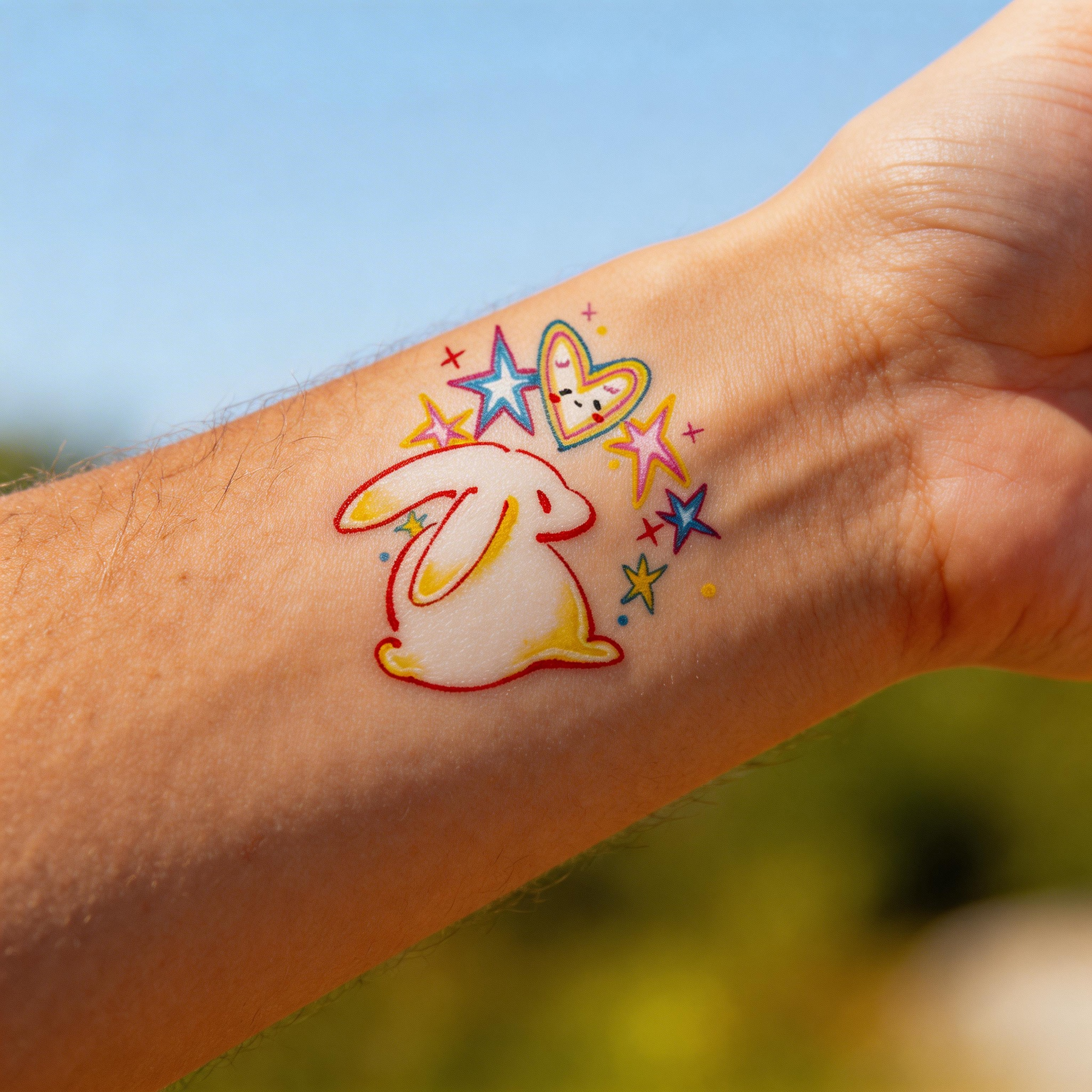 Tatouages temporaires mignons de lapins Y2K, autocollants de tatouage imperméables en forme d'étoiles et de cœurs colorés (2 feuilles par lot)