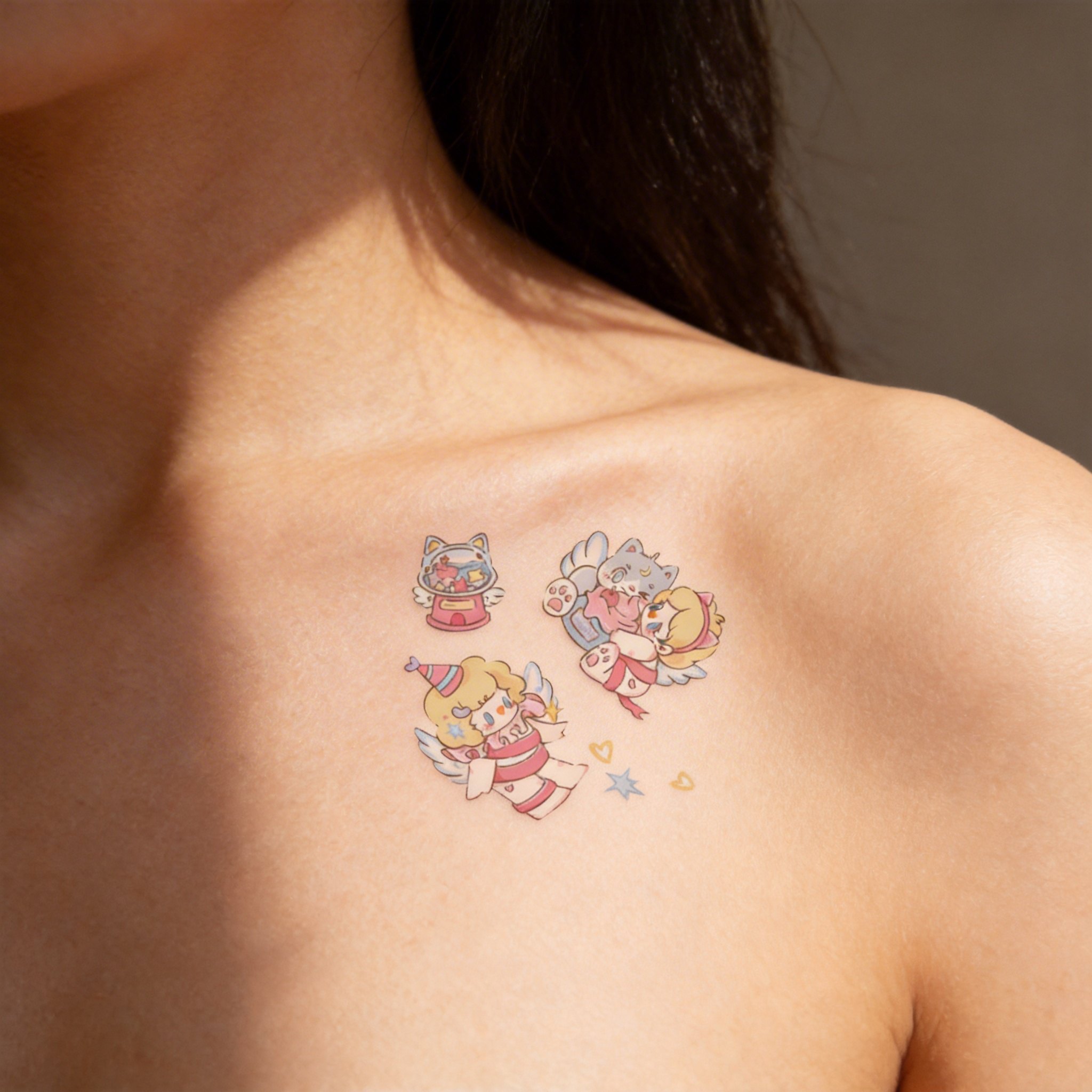 Tatouages temporaires mignons de chat ange Kawaii, autocollants de tatouage étanches de dessin animé rose doux (2 feuilles par ensemble)