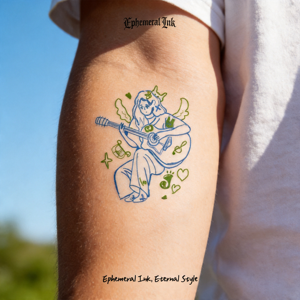 Minimalist Line Art Guitar Girl Temporary Tattoos (2pcs/set)