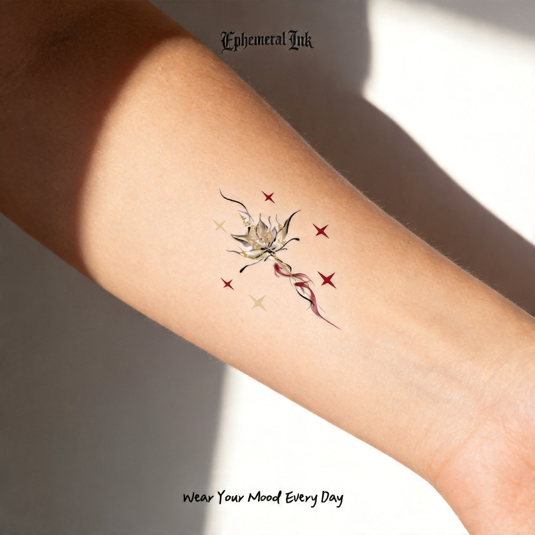 Tatouages éphémères uniques en forme de baguette magique dessinée à la main, Tatouages gothiques en forme d'étoile imperméables (2 feuilles par lot)