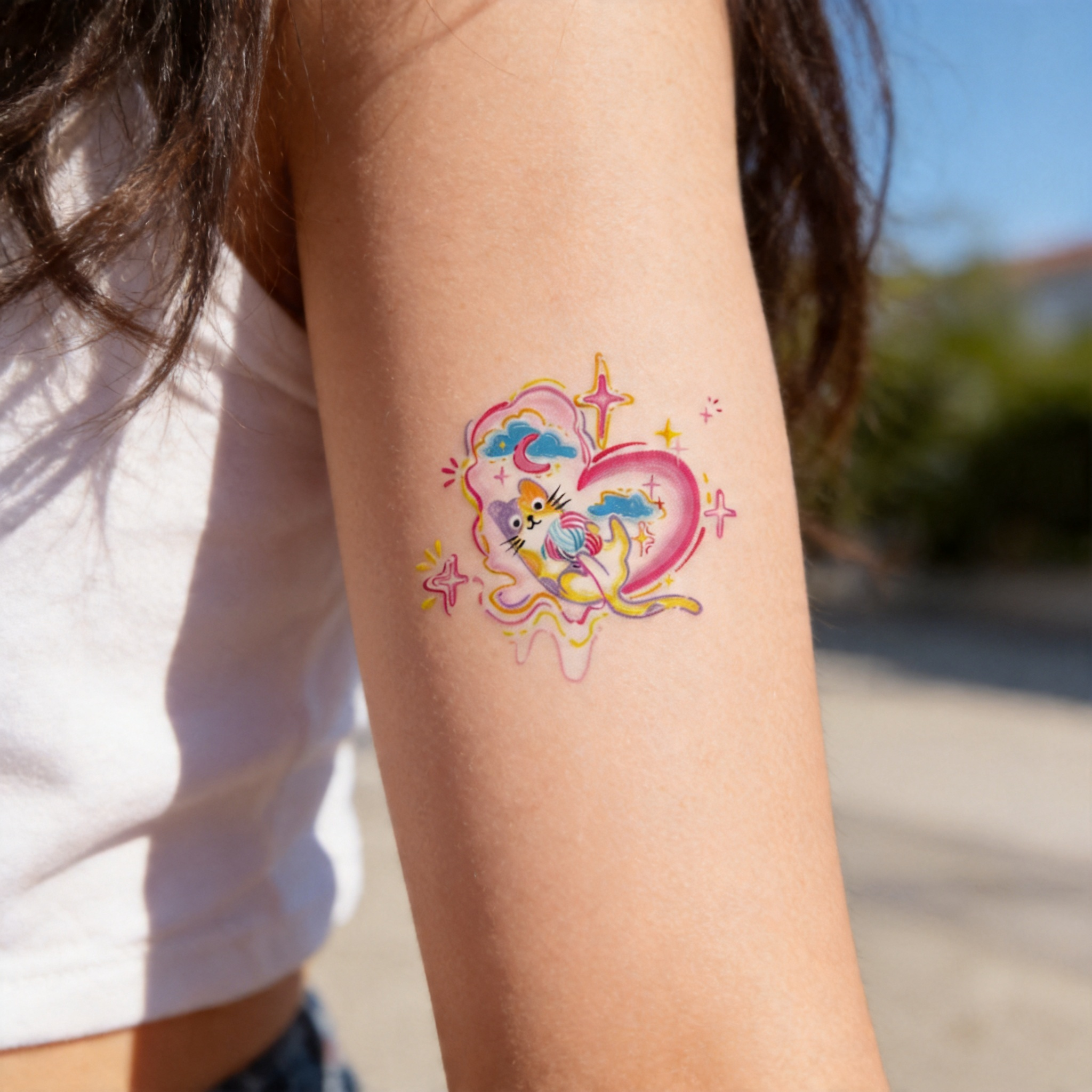 Tatouages éphémères mignons de sirène chat Y2K, autocollants de tatouage imperméables en forme d'étoiles et de cœurs colorés (2 feuilles par lot)