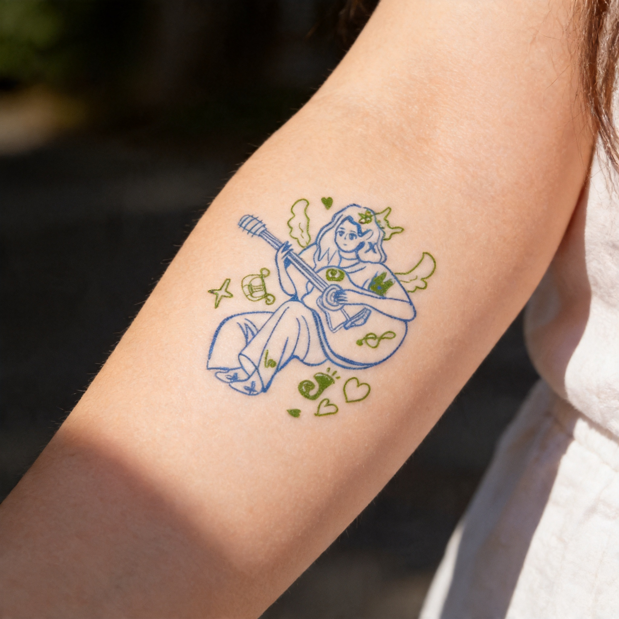 Tatouages ​​temporaires de fille à la guitare en ligne art minimaliste, autocollants de tatouage étanches pour les amateurs de musique (2 feuilles par ensemble)