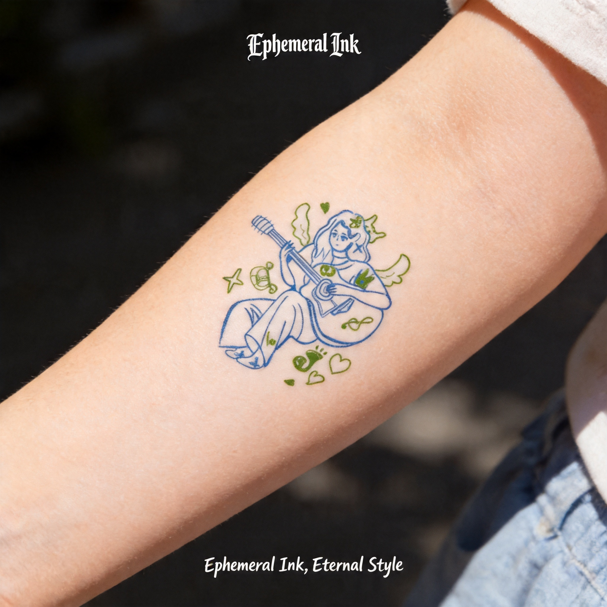 Tatouages ​​temporaires de fille à la guitare en ligne art minimaliste, autocollants de tatouage étanches pour les amateurs de musique (2 feuilles par ensemble)