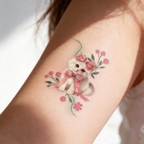Tatouages ​​temporaires Adorables Chaton Aquarelle, Autocollants Étanche Fleur Nœud Rose (2 feuilles par paquet)