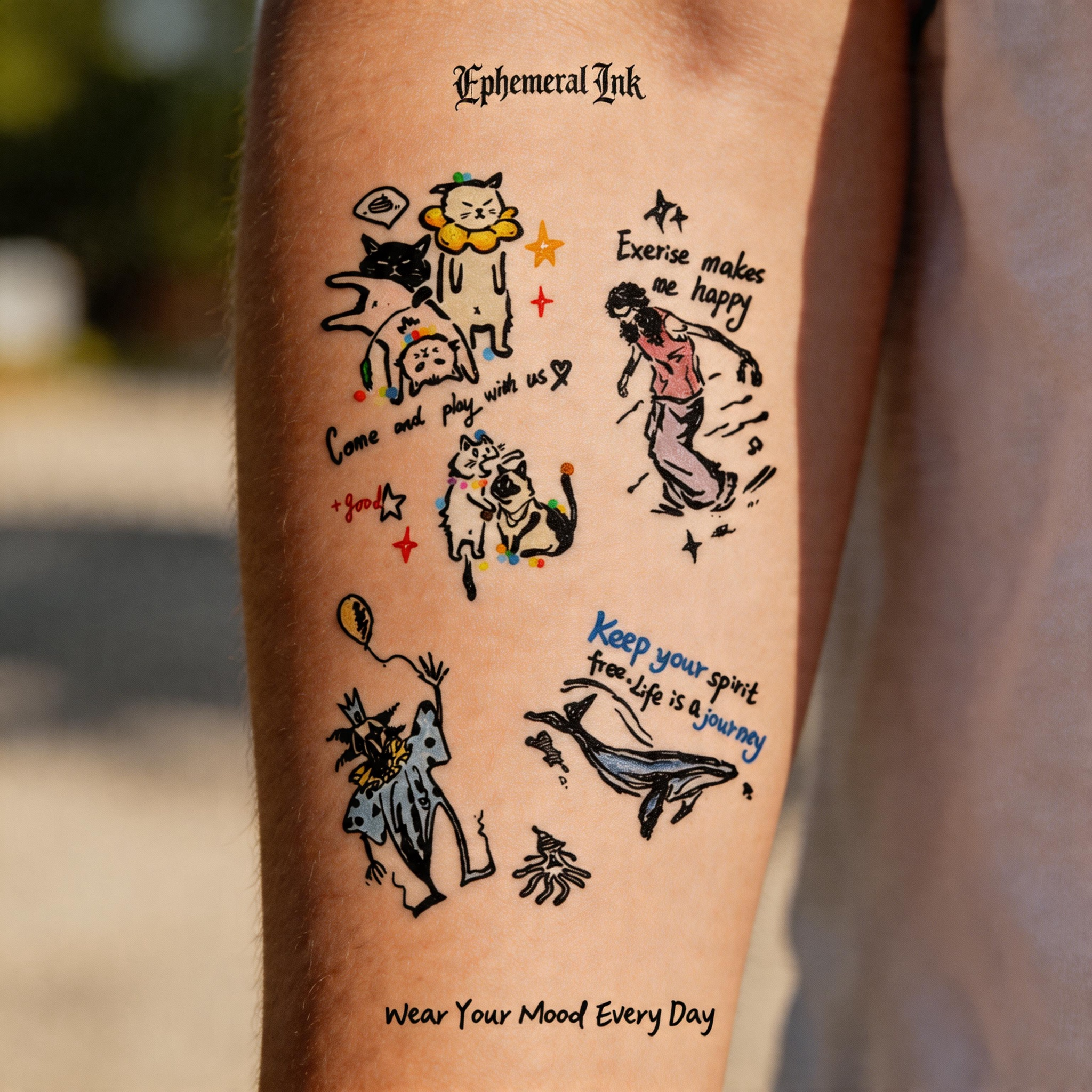 Hand Drawn Whale & Cat Temporary Tattoos (2pcs/set)