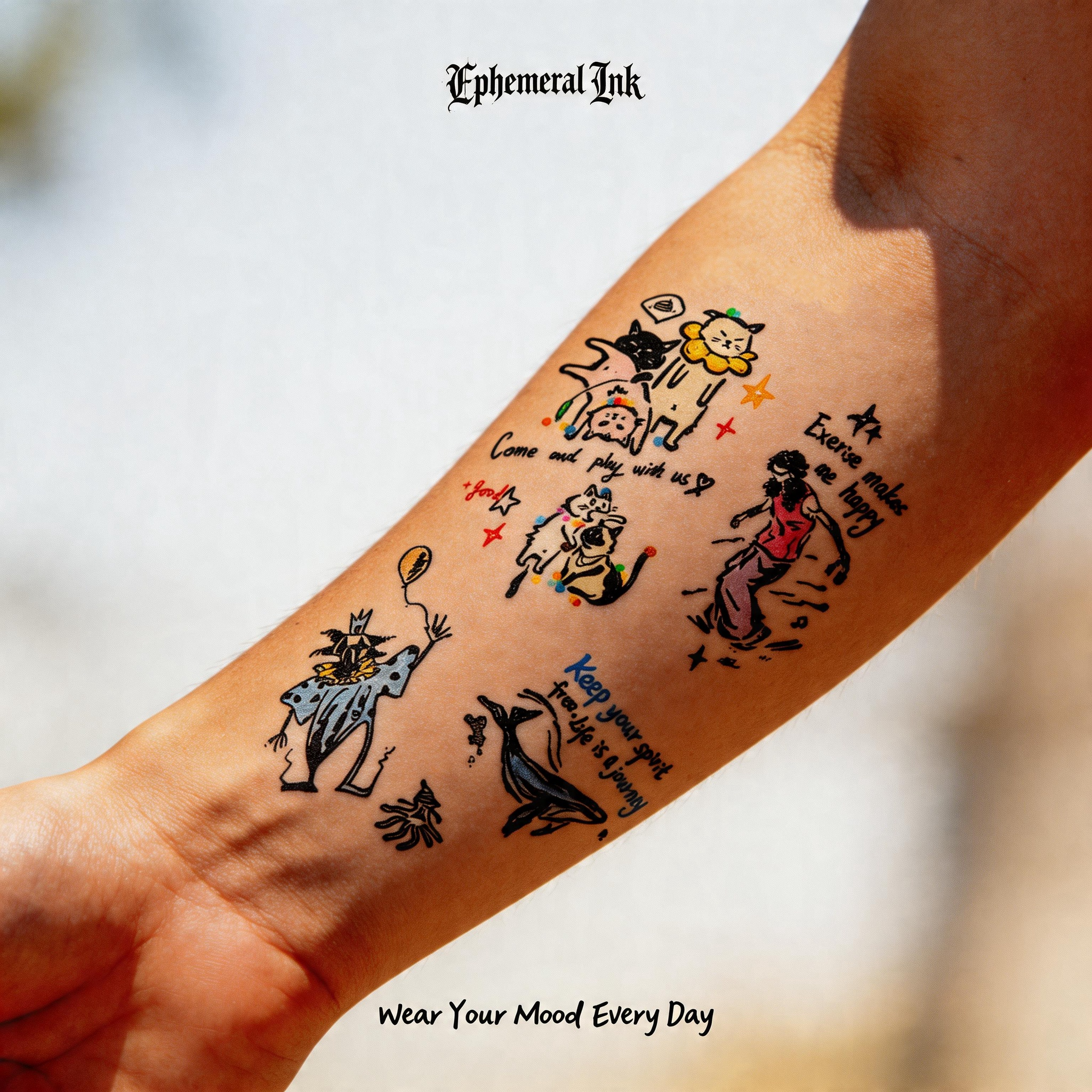 Hand Drawn Whale & Cat Temporary Tattoos (2pcs/set)